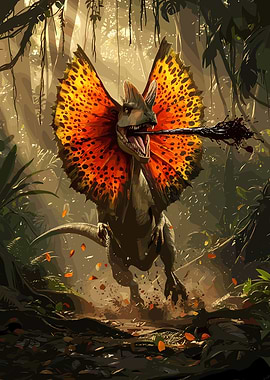 Dilophosaurus spitting venom in jungle