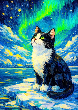 Tuxedo Cat Under Northern Lights