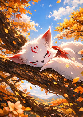 Cute Fox Spirit Sleeping on a Tree Branch