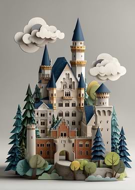 Whimsical Papercraft Castle with Trees and Clouds