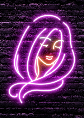 Beautiful Purple Hair Neon Woman Artwork Portrait on a dark Brick Wall background