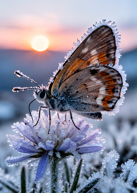 Butterfly on a frosted flower at sunrise