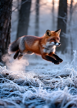 Fox jumping in frosty forest