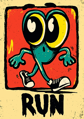Funny Big Eyes Monster Running with 'RUN' Text