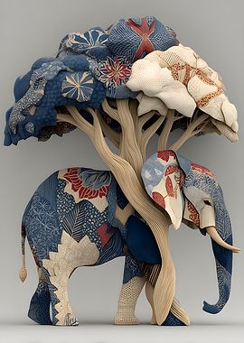 Elephant Tree Sculpture with Fabric Patterns