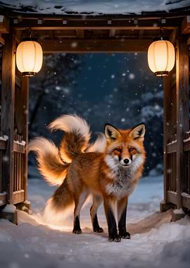 Mythical Fox in Snowy Japanese Shrine
