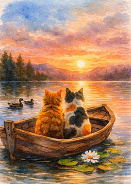 Cats in a boat at sunset