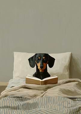 Dachshund Reading a Book in Bed