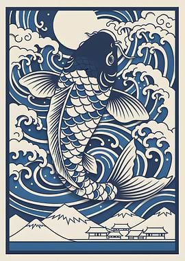 Koi Fish in Waves with Mount Fuji