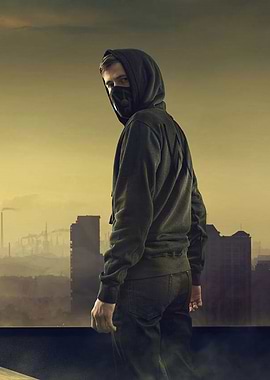 alan walker in Hoodie and Mask Overlooking City