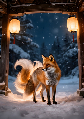 Fox in a Snowy Japanese Garden