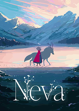 Girl and wolf in snowy landscape