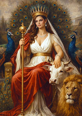 Hera Goddess with Peacock, Cow, and Lion