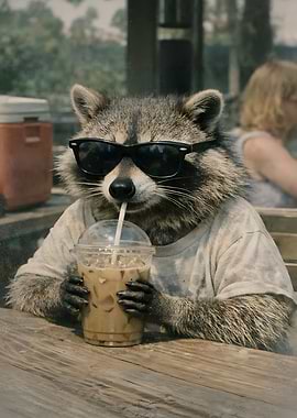 Cool Raccoon Drinking Iced Coffee Funny Vintage Style Photograph
