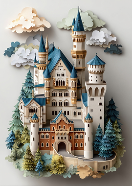 Papercraft Castle with Trees and Clouds