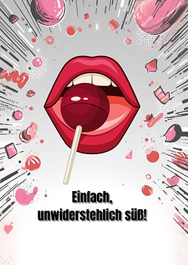 Red Lips with Lollipop — Cute Sweet Pop Art Illustration