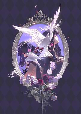 Mirror Reflection with Doves and Roses