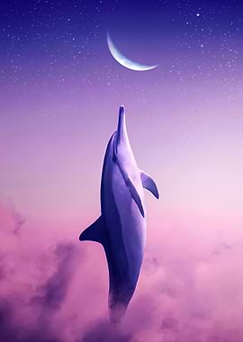 Dolphin leaping towards crescent moon