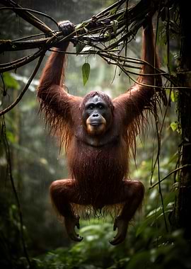 Orangutan hanging in rainforest
