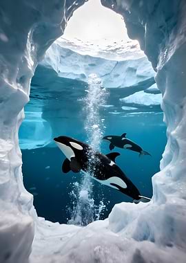 Orcas swimming through ice cave