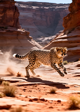Cheetah running in desert canyon