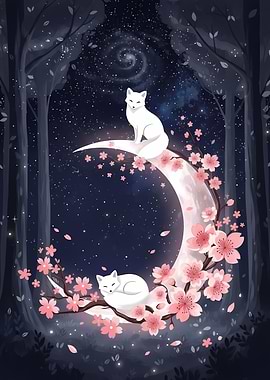 Foxes on a Crescent Moon with Cherry Blossoms
