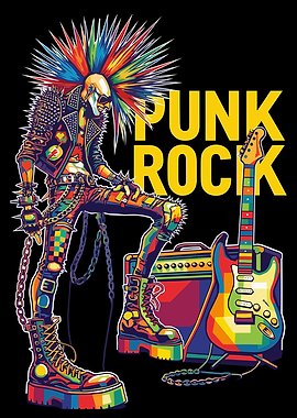 Punk Rock Skeleton with Guitar and Amp