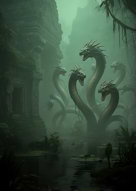 Mythical Hydra in Ancient Ruins