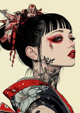 Geisha with Tattoos and Red Makeup