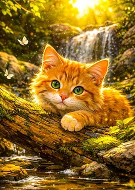 Cute Orange Kitten by Waterfall
