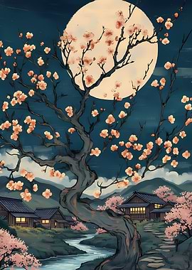 Japanese Village Under Cherry Blossoms