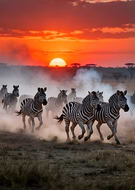 Zebras running at sunset