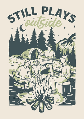 Camping friends playing guitar by campfire