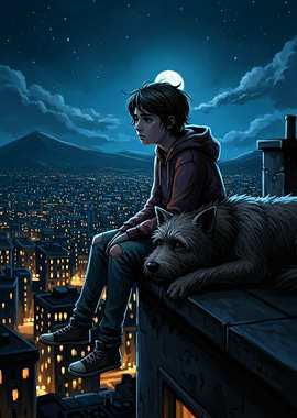 Boy and Dog on Rooftop at Night