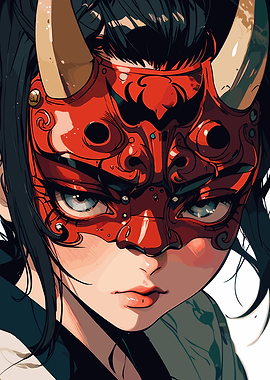 Anime Girl in Red Oni Mask