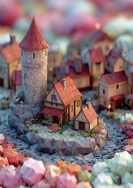 Low Poly Fantasy Village with Tower