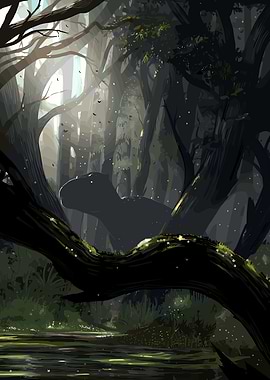 Mysterious Dinosaur in a Sunlit Forest