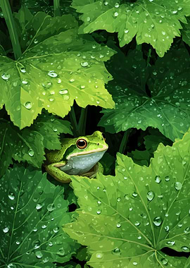 Green Frog on Wet Leaves