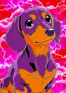 Purple and Orange Dachshund with Lightning Background
