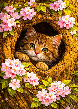 Kitten Peeking from Tree Hollow with Cherry Blossoms