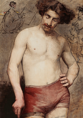 Man in Red Underwear with Sketches
