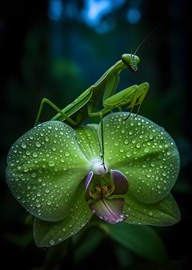 Praying Mantis on Dewy Orchid