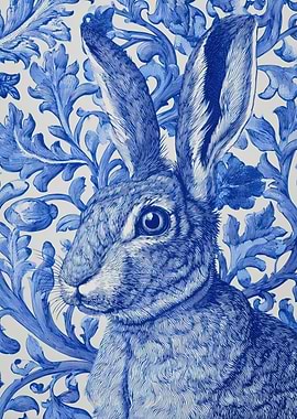 Blue Hare with Floral Background