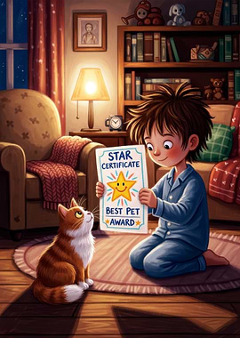 Boy awards cat best pet certificate