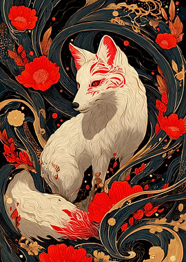 White Fox with Red Markings and Flowers