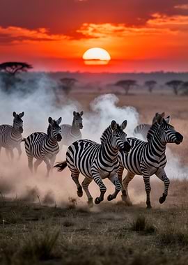 Zebras running at sunset