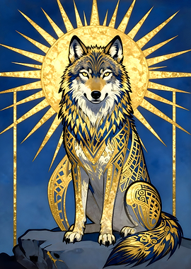 Art Deco Golden Wolf with Sun