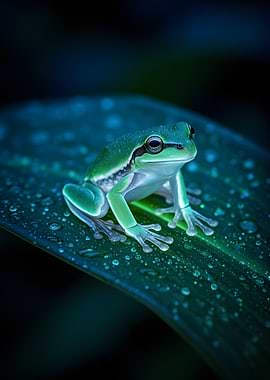 Green Tree Frog on Wet Leaf