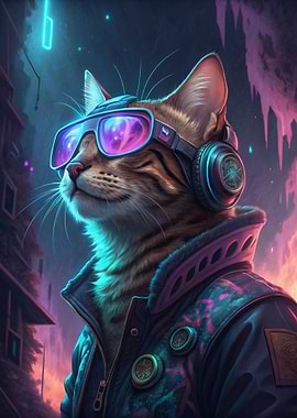 Cyberpunk Cat with Headphones and Sunglasses
