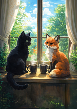 Cat and Fox Enjoying Coffee by the Window